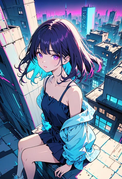 masterpiece,Highest quality,1 Synthwave style girl,Blue outline,Neon lit street,Blue fluorescent paint,alone,From above,Cowboy Shot,Sitting on the roof of a building,Highly detailed CG,Flat Color,Limited edition palette,No Line Art,silhouette,Partially col...