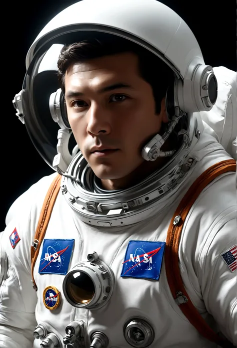 The astronaut is a 30-year-old American man.., white and silver metallic clothing, cinematic, picture 촬영, half backlight, back light, dramatic lighting , incandescent light, soft lighting, Incredibly detailed and complex, hyper maximalist, Art, elegant pos...