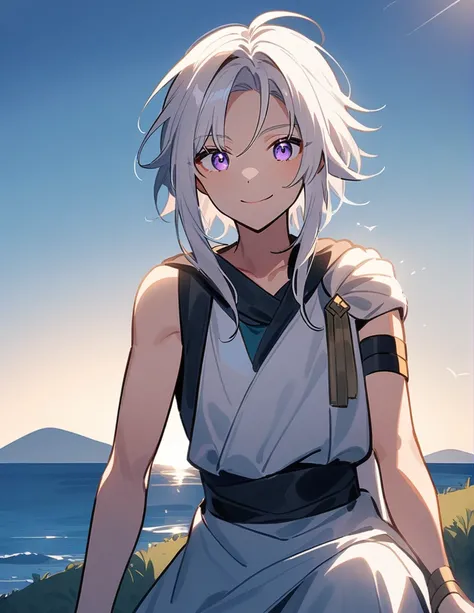 young Greek warrior with shoulder-length long white hair, violet eyes, with one arm bandaged, sitting on a hill facing the ocean and giving a small smile