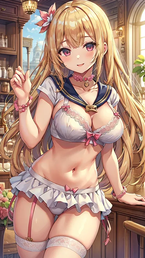 Masterpiece、Highest quality、Super detailed、1 girl、Big Tits、Cleavage、Blonde、Fluffy and soft long hair、Pink bristles、Sailor suit、bra、underwear、Cafe、Light of the sun、smile、choker、Pink Lipstick、garter、Belly button