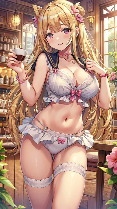 Masterpiece、Highest quality、Super detailed、1 girl、Big Tits、Cleavage、Blonde、Fluffy and soft long hair、Pink bristles、Sailor suit、bra、underwear、Cafe、Light of the sun、smile、choker、Pink Lipstick、garter、Belly button