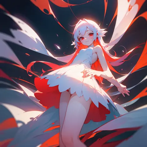 cute , (transformation sequence), transform magical girl, chibi, white magical girl, fractal art, Albino, baby face, long pure white and red mesh hair, beautiful detailed red eyes, cinema lighting, cowboy shot, looking at viewer, from below, happy, naked