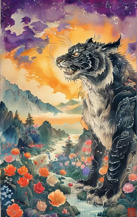 A white dragon lies in the middle of an endless field full of purple flowers, surrounded by snow-capped mountains and a blue sky sparkling with golden sunset rays. The whole scene is filled with a dreamy atmosphere, with vibrant colors and detailed backgro...