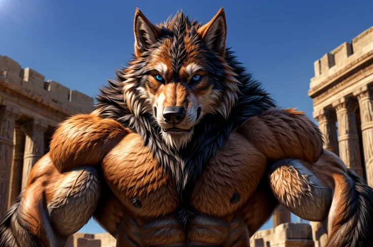 muscular feral:1.2 Werewolf, Posing for the camera. 4K, high resolution, best quality, Perfect color, Perfect shadow, Perfect lighting, Posted on e621, Orange furry body, Orange fur, White breast, black beard, Wild wolves, Werewolf, Solitary, male, aldult,...