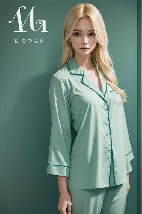 Blonde doctor dressed in sea green surgical pajamas on a June party background