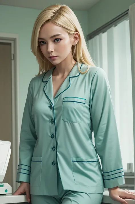 Blonde doctor dressed in sea green surgical pajamas 