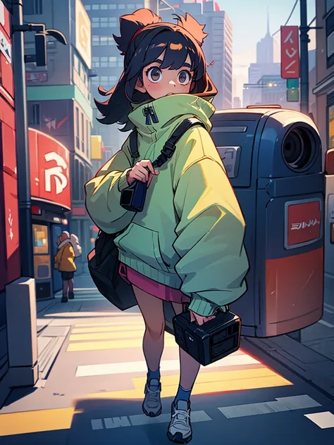 A girl dressed in a long sweatshirt walks forward through the city. The camera is located from bottom to top