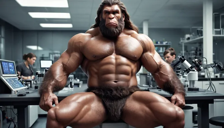 (RAW photo of a Neanderthals:1) , (hyper realistic:1.4), (Neanderthal man),transformation,(half gorilla mix :0.55), tall, (very muscular:1.8), (hairy body:1.5),(detail face:1.1), tan skin, thick arms, (veiny arms:1), (bloated gut:1.1),(wearing loincloth:1....