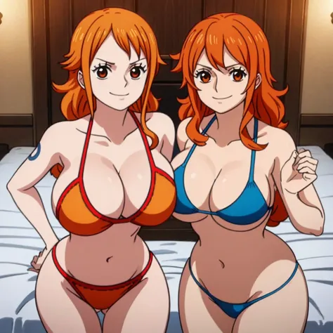 solo , 1girl , looking at viewer , mature female , big breasts , wide hips , milf  , nami , orange hair , shoulder tattoo , big breasts , wide hips , milf , busty, big size bikini , bedroom , smile , cowboy pose 