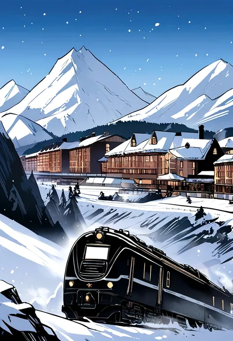 Train crash into the snowy distance, mountain hotel in the background, estilo black noir art