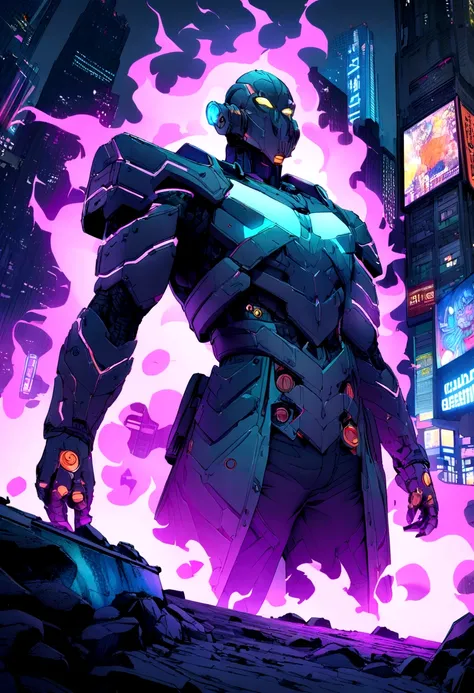 (Highly detailed 8k wallpaper), Cyberpunk&#39;s terrifying Grimm disguised as cybernetic templars、A well-drawn medium shot of a shadow wearing Marvel&#39;s colorful mist armor., Cyberpunk Theme, Complex, High detail, dramatic, Neon city lights in the backg...