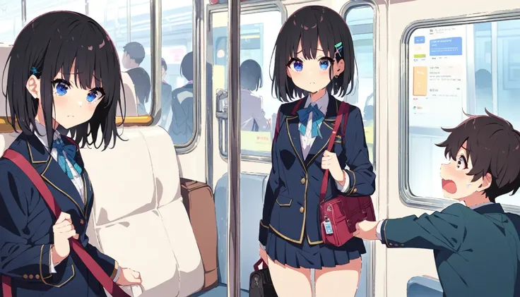 A middle-aged molester is touching the buttocks of a crying girl with short black hair and small breasts, wearing a blazer and uniform, who is standing on a train and holding onto a strap.、From head to toe