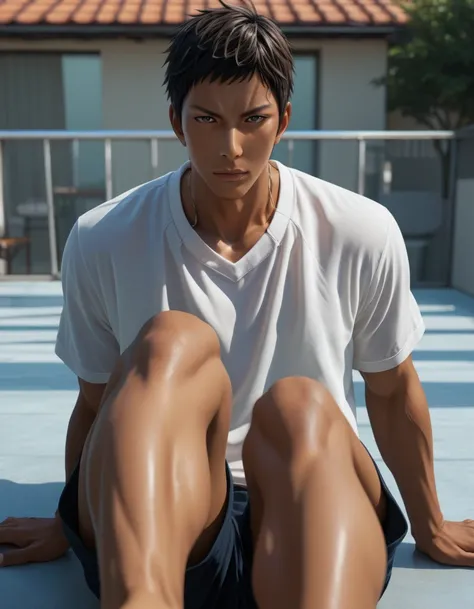 score_9, score_8_up, score_7_up, Handsome Aomine Daiki ,1boy legs ,pov , dark skin ,rooftop