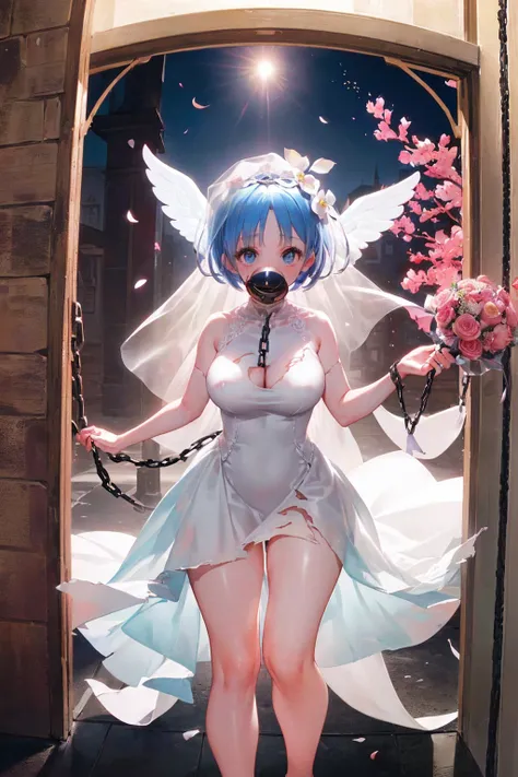 Fantasy World、Take Off、fly in the sky、(((((Huge angel wings flapping))))),(((((((Clothes are torn and breasts are visible))))))),(((((Body bound in chains))))),Short Hairstyles、Full moon night、Cherry Blossoms at Night、((((wedding)))),bride、((Church stained...