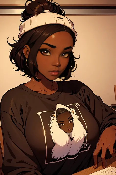 Dark skin ebony young woman in an oversized fuzzy fitted shirt, clearly defined brown eyes, illustration, detailed shading and highlights