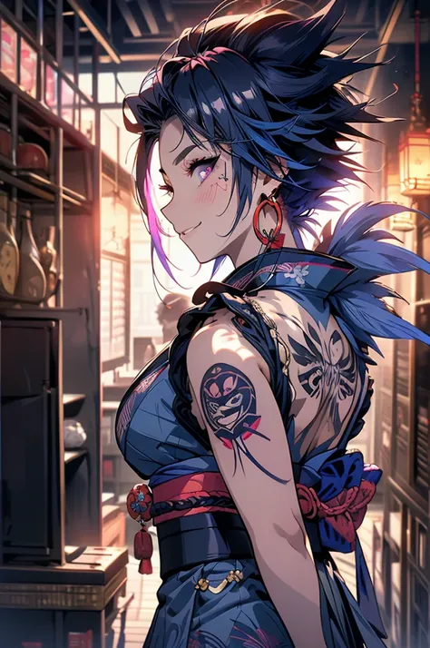 (full body)1 man, very tall, muscular, navy blue hair in a mohawk, pink eyes, several Japanese tattoos, (Clothes: navy blue kimono, big earrings), in a medieval Japanese kitchen, slutty smile, rape face, eyes shining in excitement, the night, cooking