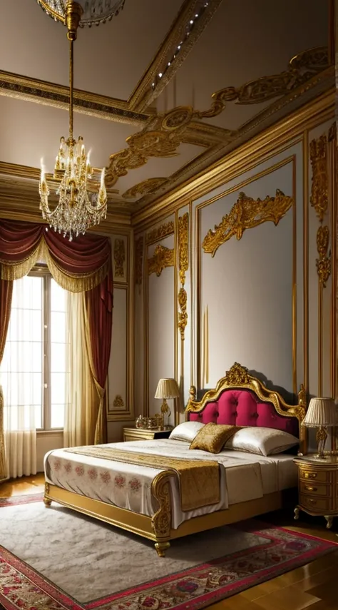 Photography, bedroom, Princess Bed, mirror,Curtains, hanging lamp, decorations, carpets, fireplace,white,Versailles