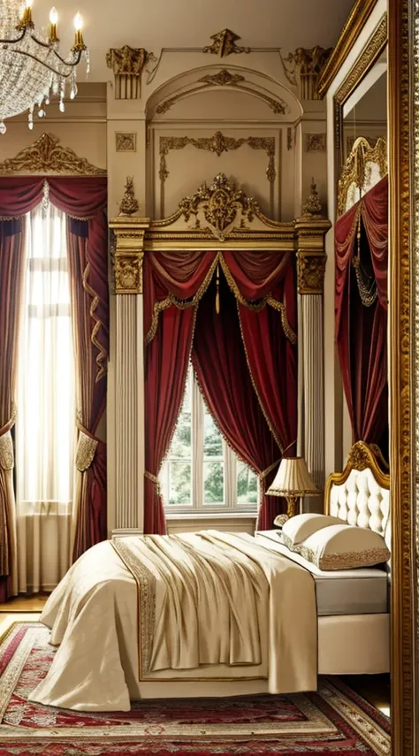 Photography, bedroom, Princess Bed, mirror,Curtains, hanging lamp, decorations, carpets, fireplace,white,Versailles