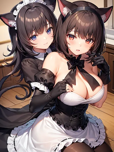 woman,Bob Hair,Large Breasts,Maid clothes,Short sleeve,I can see the valley.Cute black gloves,Cat ears headband,Wear tights,Dark brown hair,Large Breasts,maid Cafe