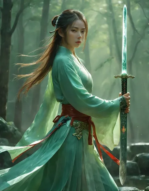 1 Beautiful Girl,  alone，Female Swordsman，Holding the hilt of the sword in the hand，The jade blade shines，Front view, whole body， ((Highest quality)), ((masterpiece)), ((Realistic))，Ultra-high resolution，