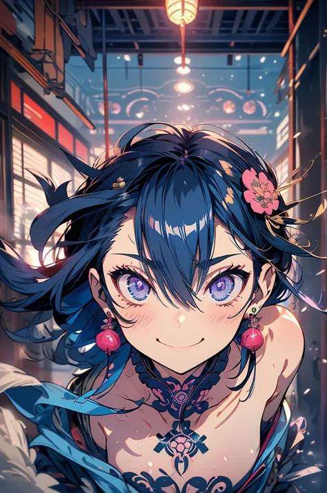 (full body)1 man, very tall, muscular, navy blue hair in a mohawk, pink eyes, several Japanese tattoos, (Clothes: navy blue kimono, big earrings), in a medieval Japanese kitchen, slutty smile, rape face, eyes shining in excitement, the night, cooking