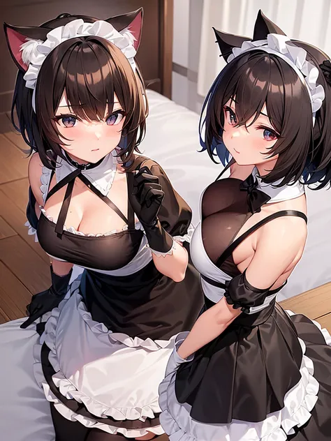 woman,Bob Hair,Large Breasts,Maid clothes,Short sleeve,I can see the valley.Cute black gloves,Cat ears headband,Wear tights,Dark brown hair,Large Breasts,maid Cafe