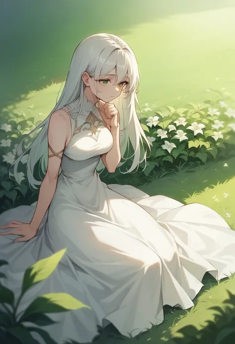 (masterpiece, best quality),1Girl with long white hair sitting in a field of green plants and flowers, Her hands are under her chin, warm lighting, white dress, blurry view