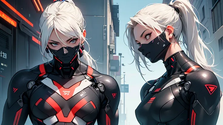 Beautiful cybernetic girl detailed muscles realistic masterpieces full figure pose (best quality,ultra-detailed), white hair in ponytail, fair skin, fit body, slim figure, narrow waist, (cocky expression), black carbon fiber cybernetic mobile combat suit