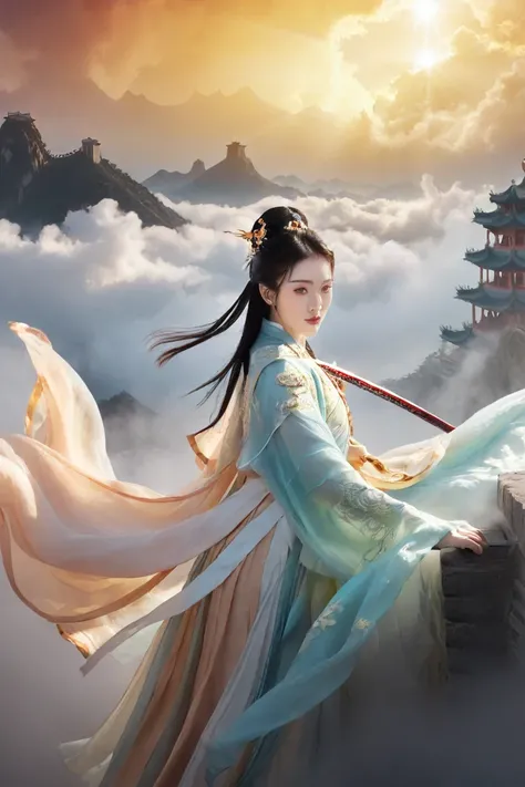 Chinese style illustration, Chinese clothing, Hanfu,Female hero wielding two swords, surrounded by clouds and fog. She stepped on the auspicious cloud、Riding on the clouds., There is a strong light shining behind her, ,Chinese clothing, Hanfu, detailed , w...