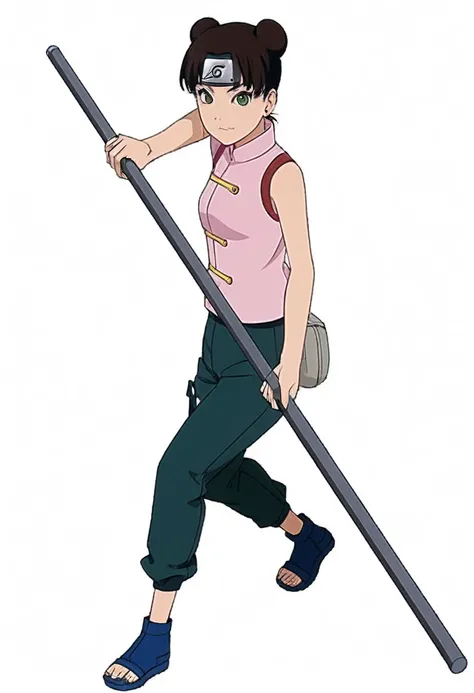 a woman in a pink shirt and green pants holding a pole, Official Art, Hinata hyuga, as an cartoon character, Sakura Haruno, cartoon character, Inspired by Kamisaka Sekka, Inspired by Ito Ogura Yonesuke, chihiro! Fujisaki, winax anime style, distant view of...