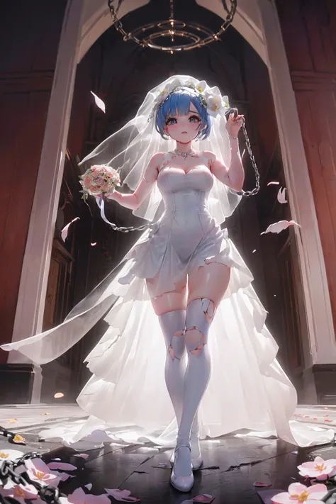 small wedding dress、Fantasy World、Take Off、fly in the sky、(((((Huge angel wings flapping))))),(((((((Her wedding dress is torn and her breasts are exposed))))))),((((Body bound in chains)))),Short Hairstyles、Full moon night、Cherry Blossoms at Night、((((wed...