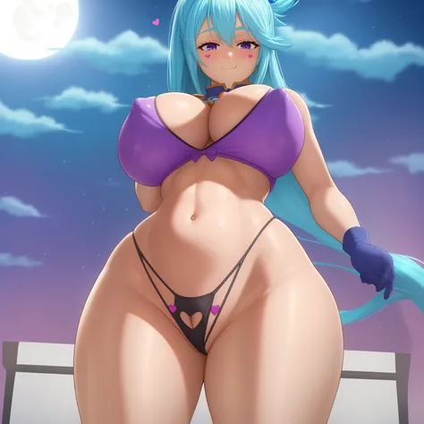 1girl, Aqua, Konosuba, breasts, from_below, solo, navel, pasties, panties, large_breasts, underwear, gloves, purple_eyes, looking_at_viewer, looking_down, moon, smile, heart, black_gloves, thighs, artist_name, covered_nipples, thong, thick_thighs, panty_li...