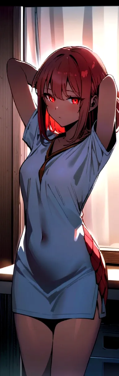 (table top, best quality, details), 1 girl comes in, alone, In the building, dressing room, arms behind head, Cowboy Shot,
red hair, Big black and red glowing wings. ‚ Black and red eyes.