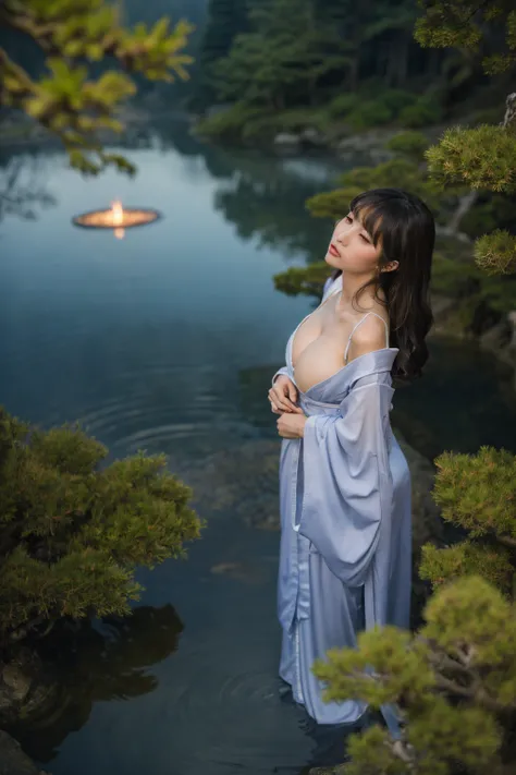 Beautiful woman、Japanese tradition、Very large breasts、kimono、Spectacular views、Suspicious atmosphere、Cinematic atmosphere、(best quality,4K,8K,highres,masterpiece:1.2),ultra-detailed,(realistic,photorealistic,photo-realistic:1.37)、Dim lighting、whole body、fo...