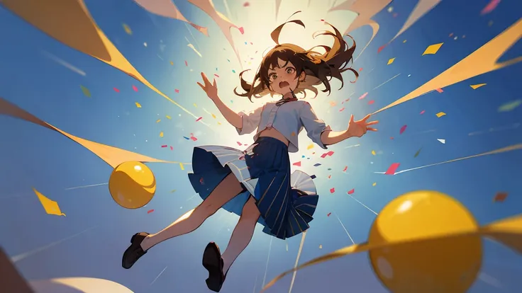 ((Highest quality)), ((masterpiece)), ((Very detailed)),Floatingする女の子,Angry expression，floating，Floating，Confetti，Brown Hair,tears,Levitating,Blue sky background,Feet in the air,tears,gravity,Long skirt,loafers,Raise both hands