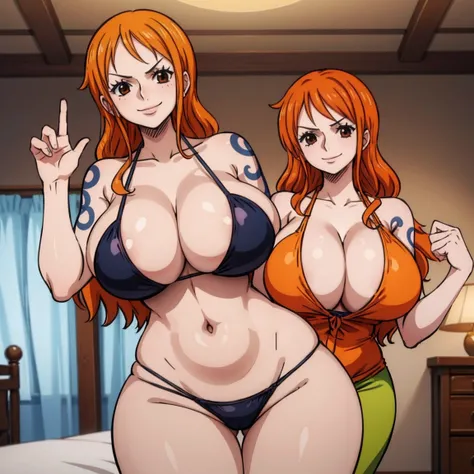 masterpiece , solo , 1girl , looking at viewer , mature female , big breasts , wide hips , milf  , nami , orange hair , shoulder tattoo , big breasts , wide hips , milf , busty, big size bikini , bedroom , smile , cowboy pose 