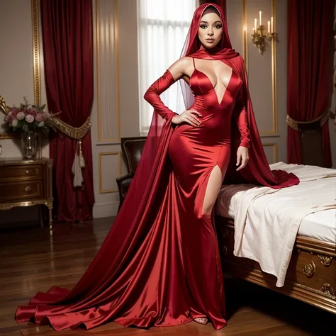 a woman in the translucent silk red gown, tight full body tied, satin sheet, nipple on with nipple piercing, wearing translucent veils, faceless, face cover with satin veil, satin hijab, full body, long satin,mermaid tight long gown, flowy dramatic long go...