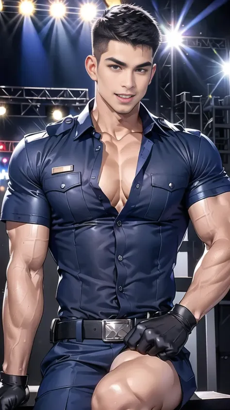 handsome man  sit on the table ,(crew cut short hair:1.2),black eye,smile,open mouth (navy police uniform and t-shirt:1.2),(open shirt short sleeves:1.2),collar,(shirt covered over:1.2),(name tag and Police badge:1.2),(shirt no buttons:1.1),(black_gloves:1...