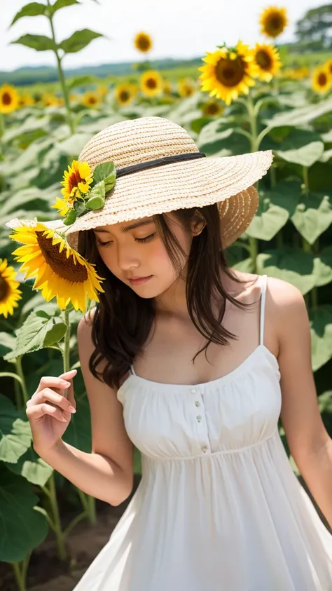 sunflower　sunflower畑　White dress　Straw hat　youth　summer　Emotional