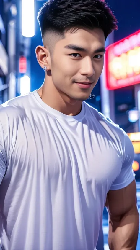 korea male male model, big muscles, handsome, cool, smoothly combed hair, pierced ears, wearing a t-shirt navy top, holding a lollipop, portraiture, modeling, dynamic pose, Japanese street, late at night, store lights trade, full half body shot, smile open...