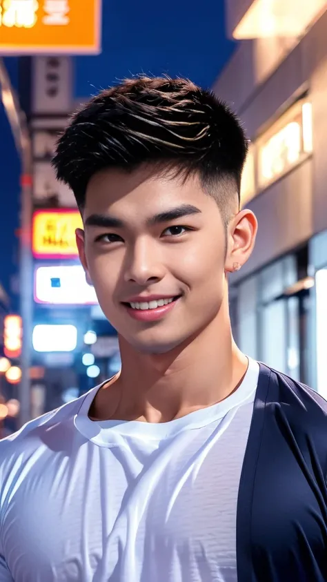 korea male male model, big muscles, handsome, cool, smoothly combed hair, pierced ears, wearing a t-shirt navy top, holding a lollipop, portraiture, modeling, dynamic pose, Japanese street, late at night, store lights trade, full half body shot, smile open...