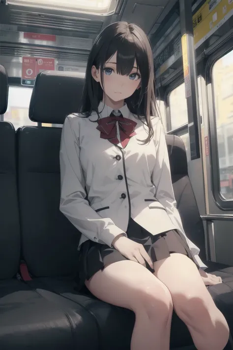 "(masterpiece, High resolution, Ultra High resolution, 4K) Black Hair, 14 year old Japanese girl, Uniform skirt, Accentuate your thighs, White thighs, Soft thighs, Glossy thighs, Sitting on a train, Facing angle, (Angle from below),sitting in a train seat,...