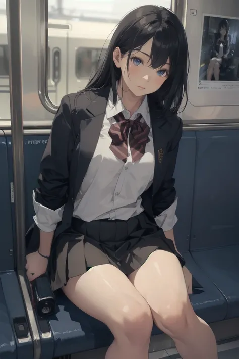 "(masterpiece, High resolution, Ultra High resolution, 4K) Black Hair, 14 year old Japanese girl, Uniform skirt, Accentuate your thighs, White thighs, Soft thighs, Glossy thighs, Sitting on a train, Facing angle, (Angle from below),sitting in a train seat,...