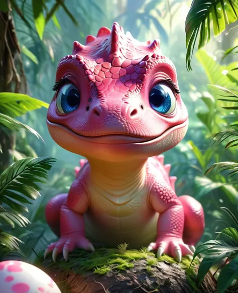 A cute pink Tyrannosaurus Rex hatches from its egg, Beautiful and delicate eyes, Long eyelashes,Beautiful and delicate face, Extremely detailed eyes and face, Cute expression, Dense jungle background, Dreamy, Fantastic, watercolor, number, (best quality,4K...