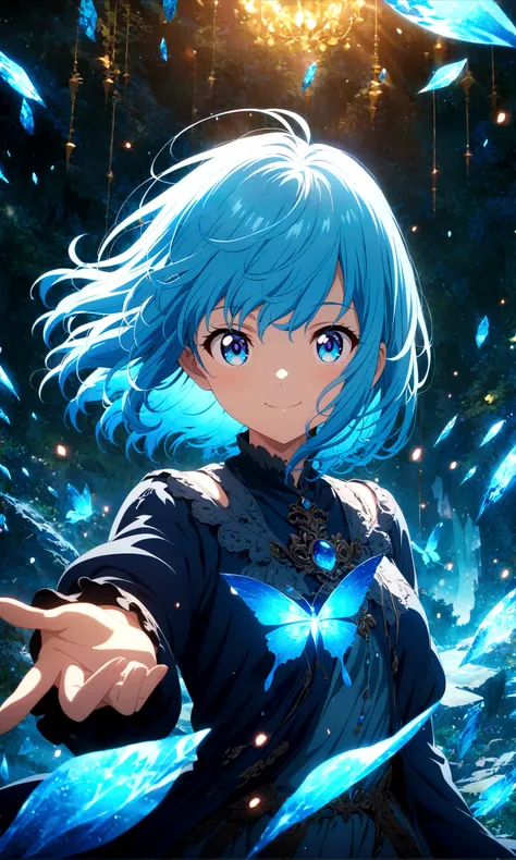 Anime style, ultra-detailed, 8K CG, blue-haired girl, smile, blue world, mysterious blue objects floating.