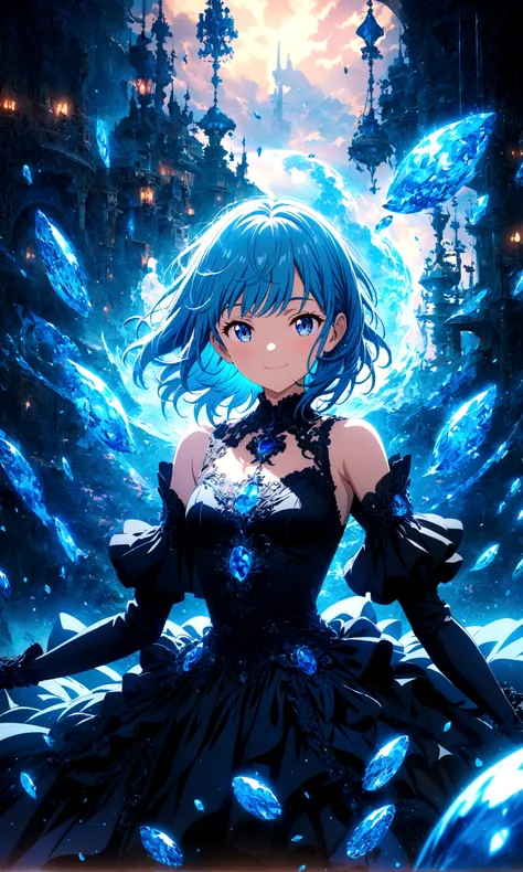 Anime style, ultra-detailed, 8K CG, blue-haired girl, smile, blue world, mysterious blue objects floating.