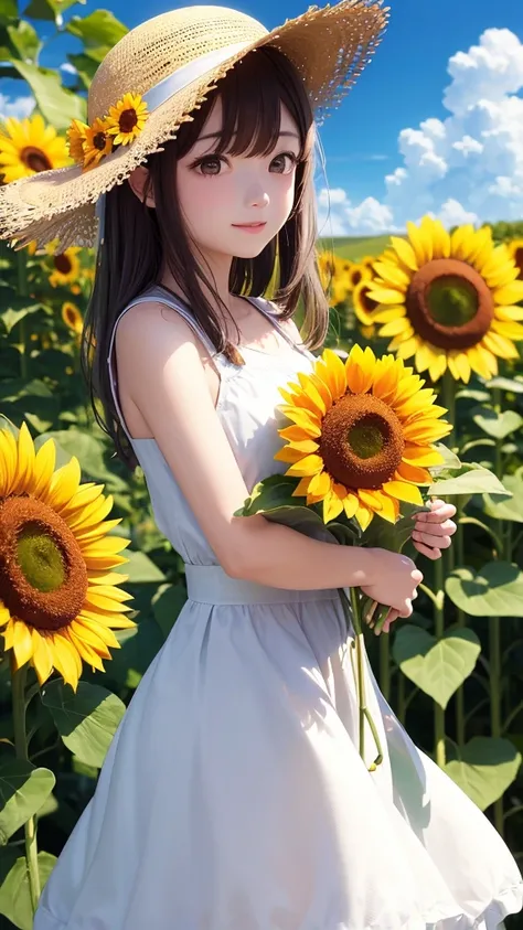 sunflower　sunflower畑　White dress　Straw hat　youth　summer　Emotional　blue sky