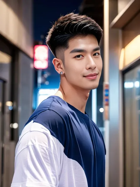 korea male male model, big muscles, handsome, cool, smoothly combed hair, pierced ears, wearing a t-shirt navy top, holding a lollipop, portraiture, modeling, dynamic pose, Japanese street, late at night, store lights trade, full half body shot, smile open...