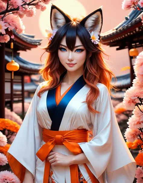 work of art, best qualityer, highy detailed, 1 girl, standing alone, (:3:0.9), animal ear fluff, animal ears, hair orange, fluffy hair, blush, blue colored eyes, flowers, fox ears, fox girl, Gradient, Gradient background, hair flowers, hair ornament, Jap...