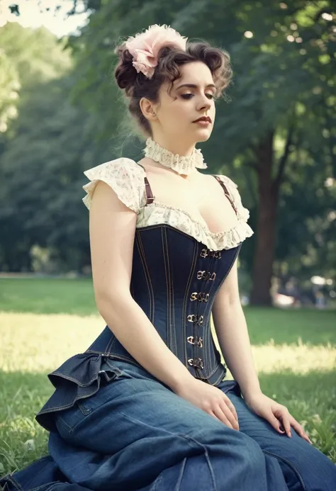 close-up, helpless shy ordinary woman, victorian hairstyle, saggy breasts, flared (Victorian tight waist corset and jeans with flounce), deeply sitting on her back in the park, caught in a sexual fetish session, 19th century photo, deep focus, vintage film...